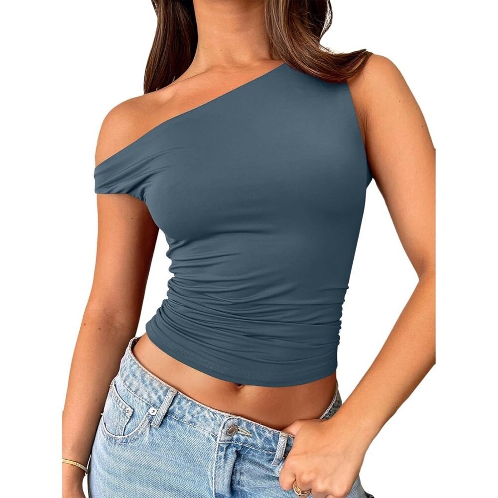 Women's Crop Top Blue Off The Shoulder Sleeveless Y2K Stretchy Summer Comfort